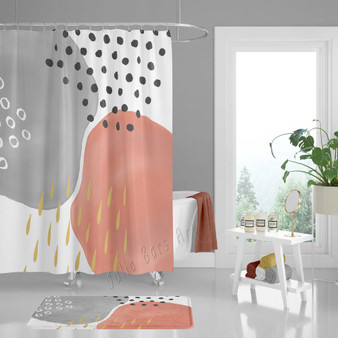 Modern art shower curtain in coral pink and gray with polka dot and rain drops