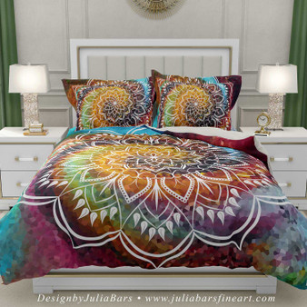 colorful mandala duvet cover and pillow shams, artistic bedding set