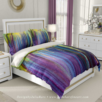 Abstract art duvet cover with stripes in purple, blue, green and yellow