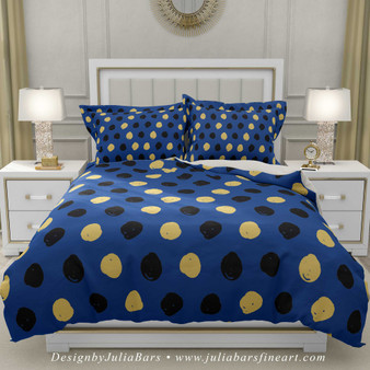 dark blue, black and yellow duvet cover with large polka dot pattern