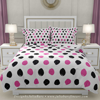 duvet cover with large black and pink polka dots