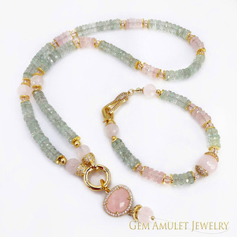 Green Amethyst and Rose Quartz Necklace and Bracelet, Handmade 