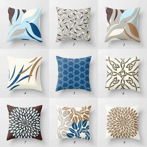 blue, brown and gray throw pillows with original design by Julia Bars