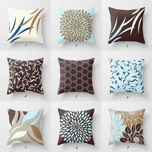 brown and blue cushions with floral and geometric design