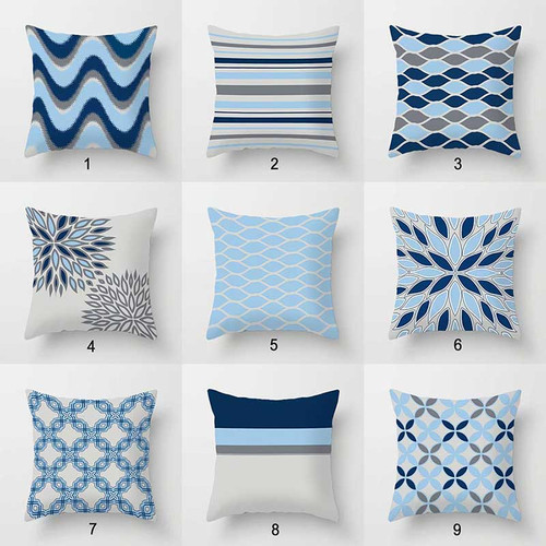 mix and match throw pillow covers with geometric design, blue and gray