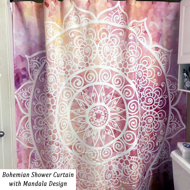 bohemian shower curtain with mandala in pink and white