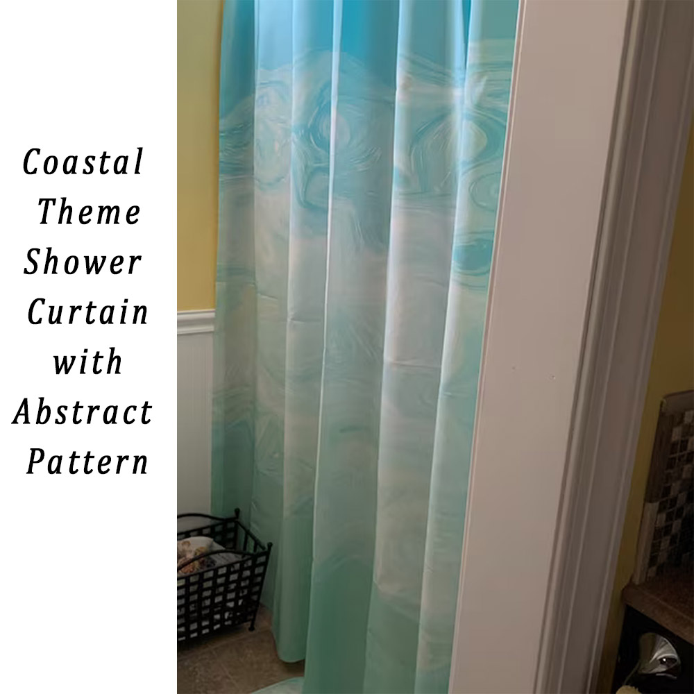 abstract coastal shower curtain in aqua blue and aqua green