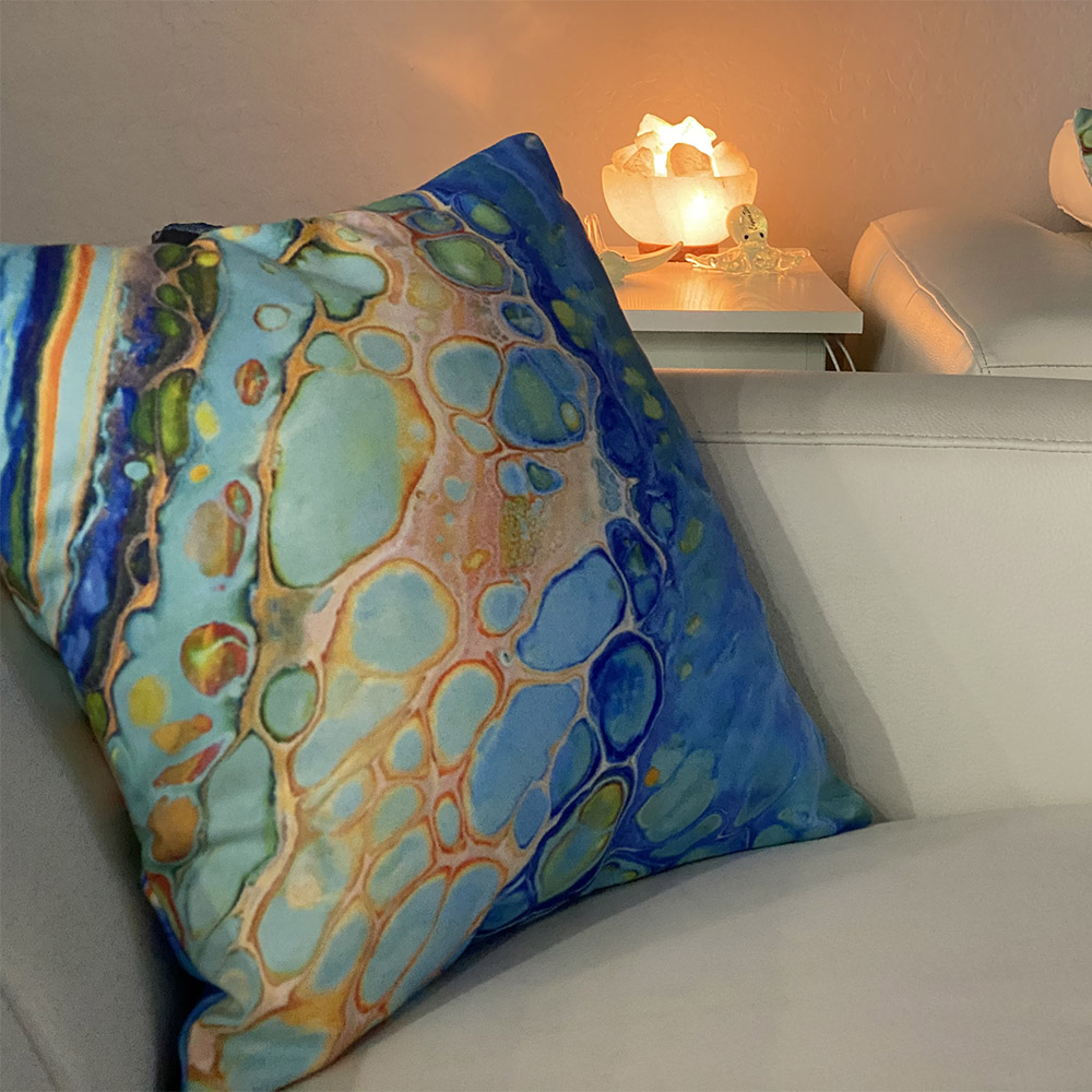 abstract coastal pillow cover in blue and teal