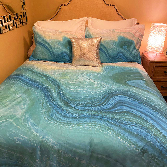 duvet cover with coastal art in aqua blue and teal