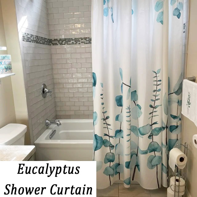 floral shower curtain with eucalyptus leaves