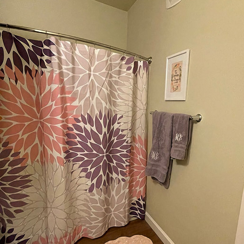 pink and purple shower curtain with unique floral design