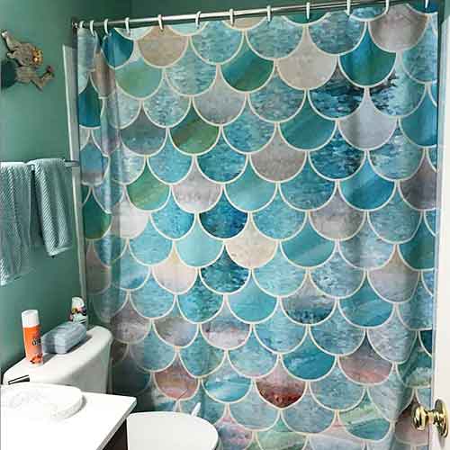 mermaid scale, fish scale shower curtain in teal, green and beige