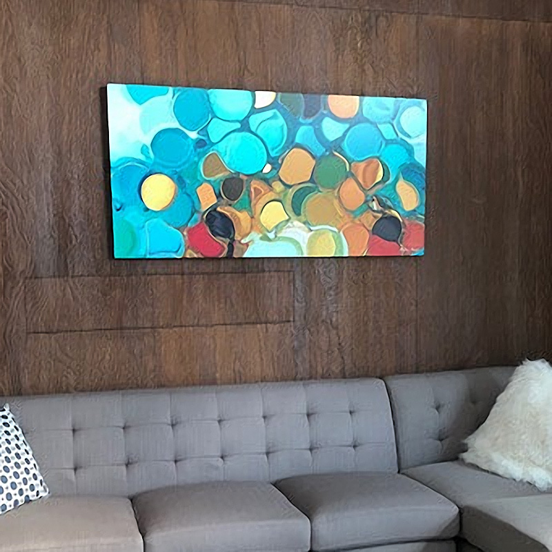 large modern wall art in teal and burnt orange