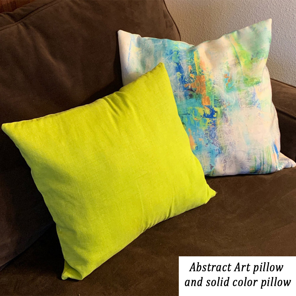 abstract art cushion cover in blue, white and green