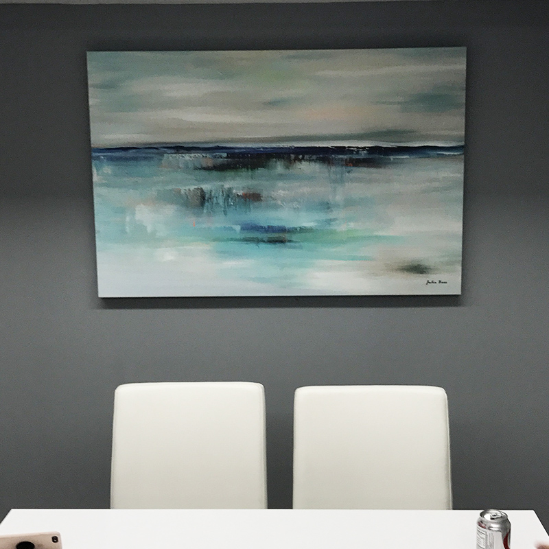 large abstract coastal wall art in teal, blue and beige