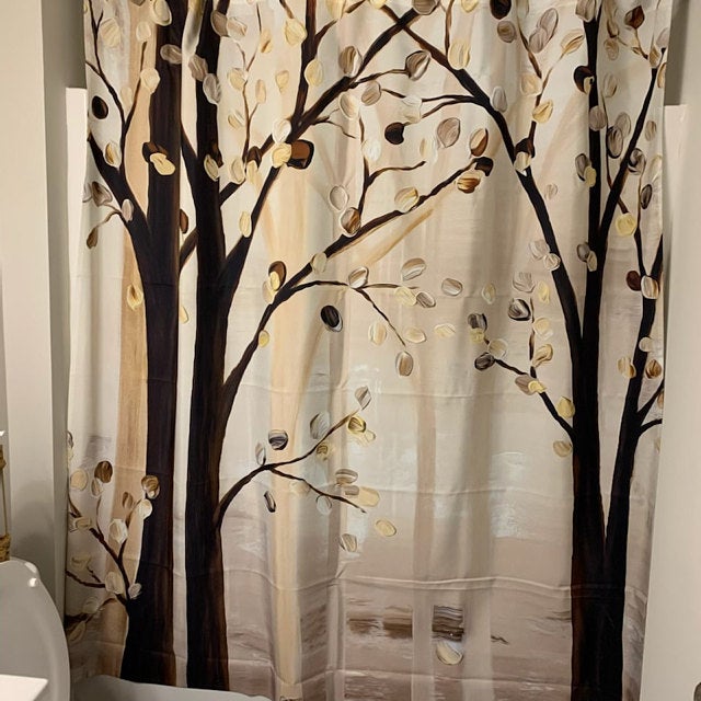 brown and beige trees shower curtain, neutral colors