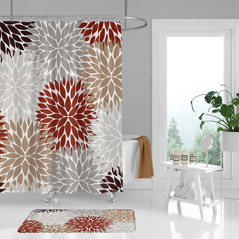 Dahlia Shower Curtain And Bath Mat In Red Tan Grey And Brown