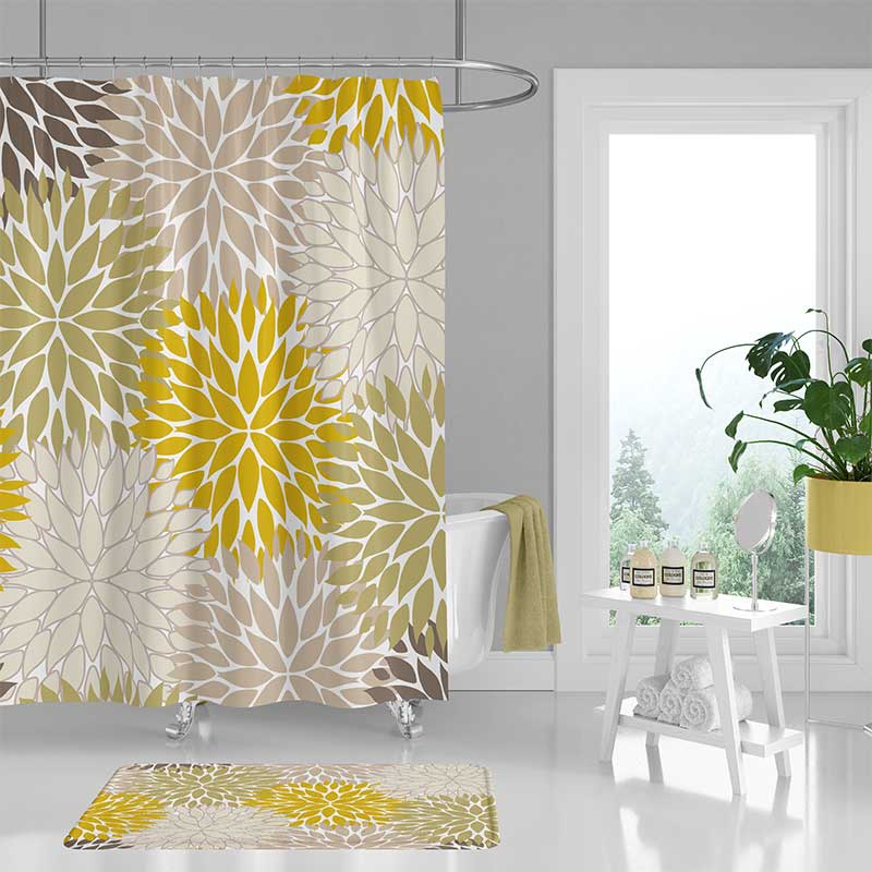 Floral Shower Curtain And Bath Mat Mustard Yellow Green Beige