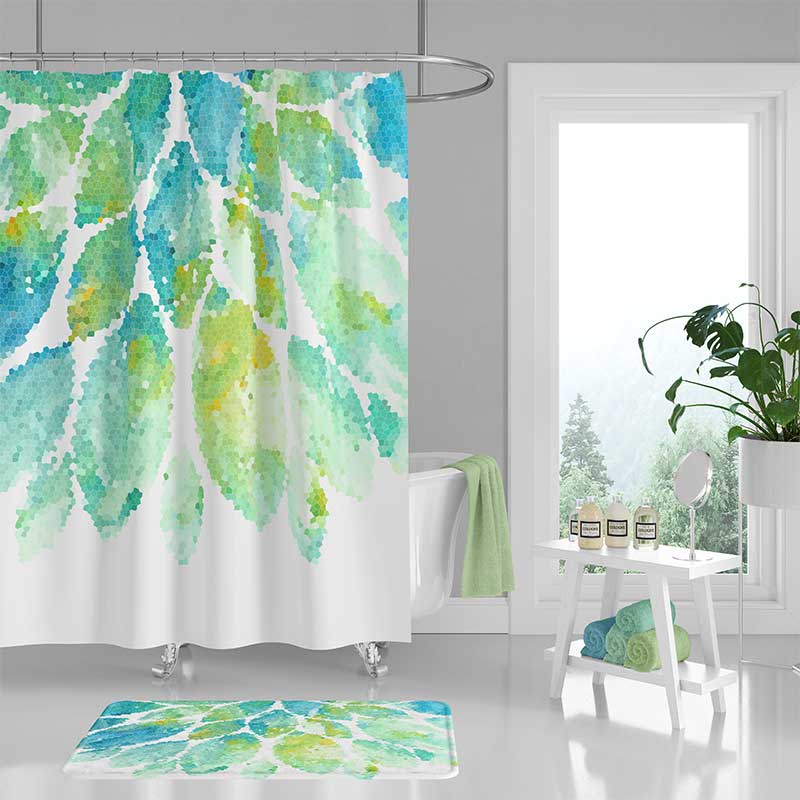 Mint Green And Blue Shower Curtain And Bath Mat Set With Floral Design