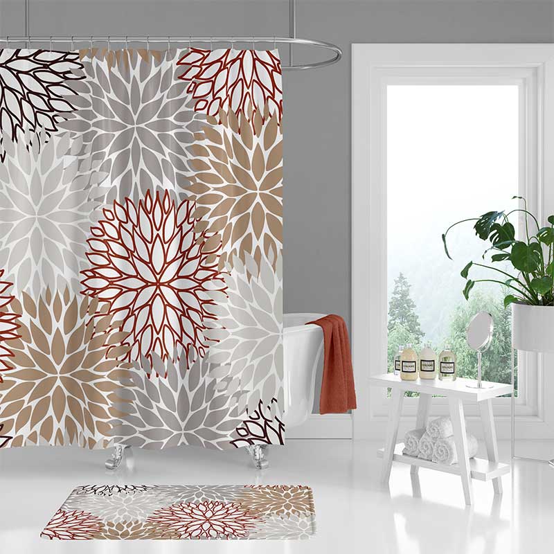 Floral Shower Curtain And Bathroom Mat In Gray Beige And Red