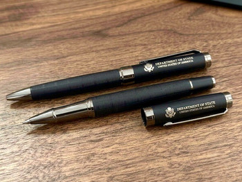 New! Set of 2 Classic Ballpoint & Rollerball Pen/ DOS Logo Engraved in Premium Navy Leatherette Box