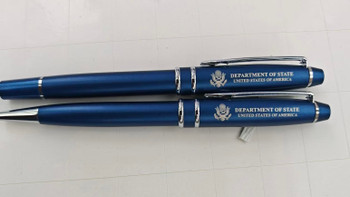 New! Set of 2- Navy Blue/Silver accent Ballpoint & Rollerball Pen/DOS logo engraved in Navy Leatherette Presentation Box 