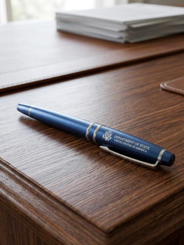 New! Set of 2- Navy Blue/Silver accent Ballpoint & Rollerball Pen/DOS logo engraved in Navy Leatherette Presentation Box 