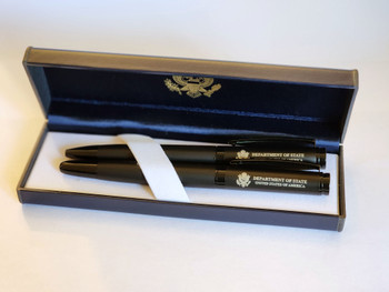 Set of 2 Matte Black Ballpoint pen & Rollerball pen/DOS logo engraved  in Presentation Box