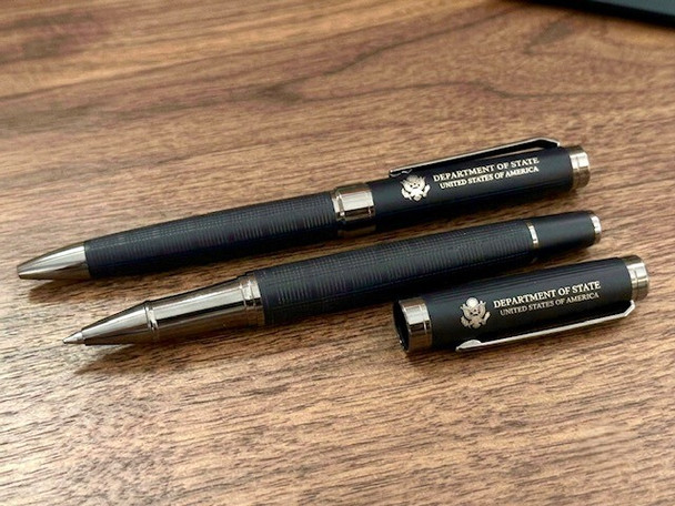 New! Set of 2 Classic Ballpoint & Rollerball Pen/ DOS Logo Engraved in Premium Navy Leatherette Box