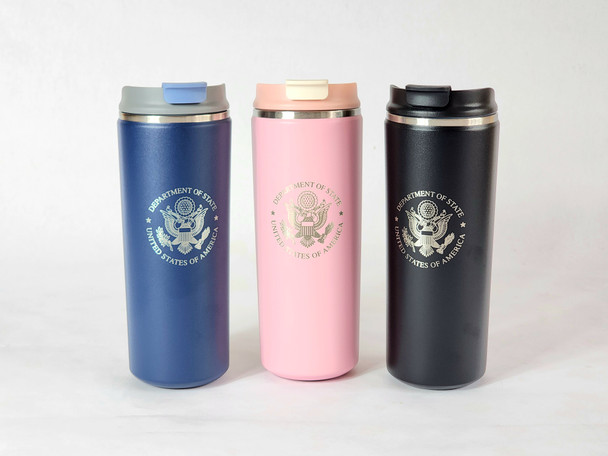 New 17oz. Insulated Travel Coffee Mug with Flip Lid/DOS Logo ENGRAVED