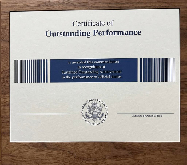 Certificate of Outstanding Performance - Navy Blue DOS Logo & Text