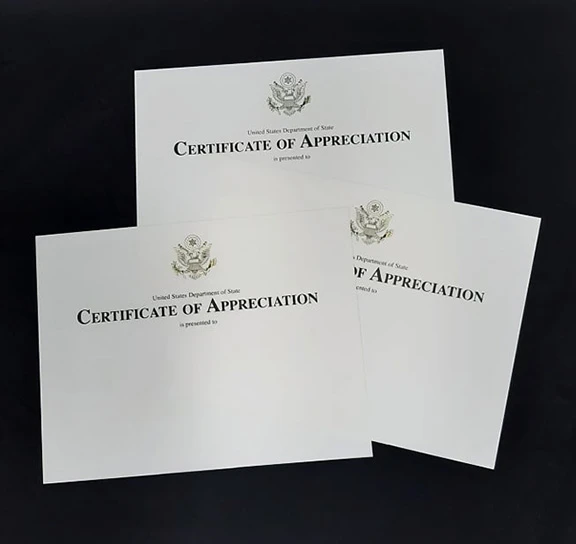  Certificate of Appreciation, Gold foil EMBOSSED GS Logo, Black Text Landscape, 11" x 8.5"     ,