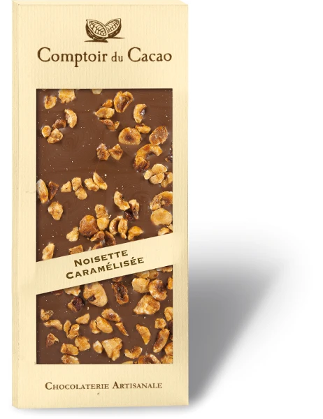 A 90 gram bar of milk chocolate with caramelized hazelnuts from Comptoir du Cacao.
