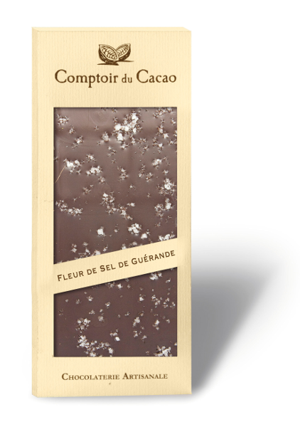 A 90 gram bar of dark chocolate with Guérande sea salt from Comptoir du Cacao.