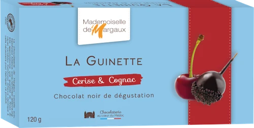 A 120 gram box of Mademoiselle de Margaux's "La Guinette," dark chocolate-coated cherries with Cognac.