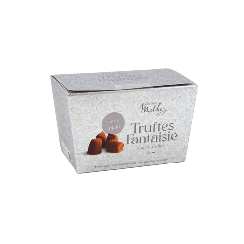 A silver box containing 250 grams of cocoa-powdered truffles from Mathez.