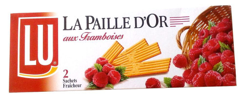 A 170 gram box of LU's Paille d'Or, or golden straw, cookies.  The straws are bundled together and filled with raspberries.