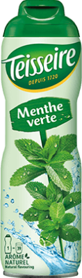 A 60 centiliter metal bottle of green mint syrup from Teisseire.