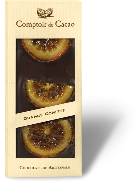 A 90 gram bar of dark chocolate with candied orange from Comptoir du Cacao.