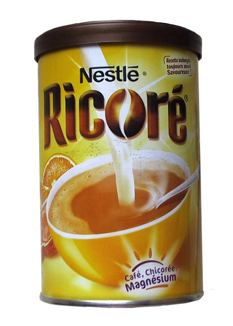 A 100 gram tin of "Ricoré," a chicory and coffee mix from Nestlé.