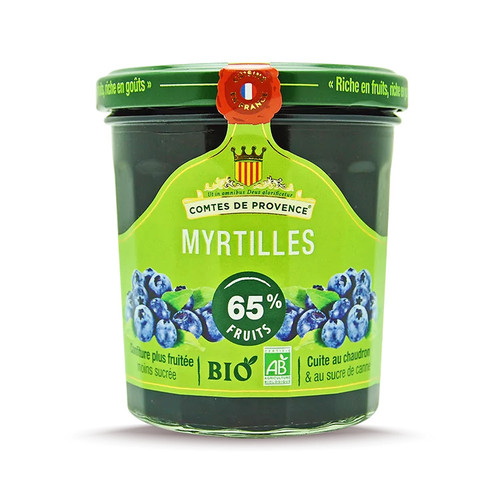 A green 350 gram jar of organic blueberry spread from Les Comtes de Provence.