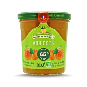 A green 350 gram jar of organic apricot spread from Les Comtes de Provence.