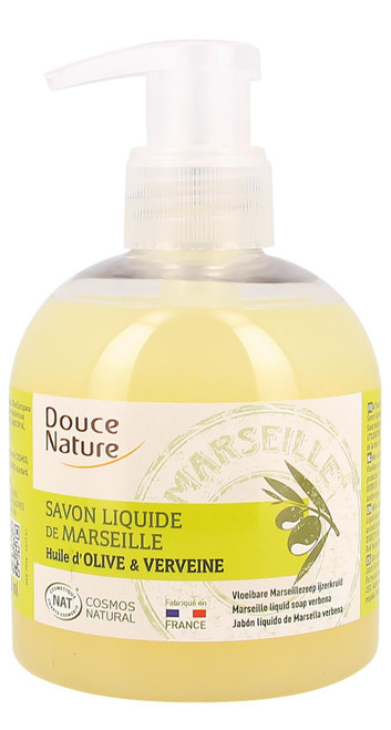 A 300 milliliter liquid hand soap dispenser with Marseille soap with olive oil and verbena from Douce Nature.