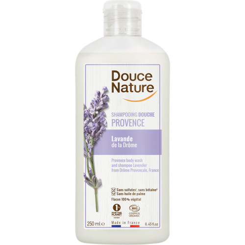 A 250 milliliter bottle of Douce Nature's organic shampoo and shower gel with lavender.