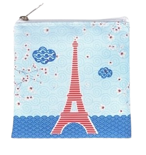 An "Eiffel Tower" square pouch made from Sequal recycled sea plastic, from Les Parisettes. The zipper pouch features an abstract drawing of the Eiffel Tower in red horizontal stripes. In the background are blue swirls evocative of a sky and river, alongside cherry blossoms.