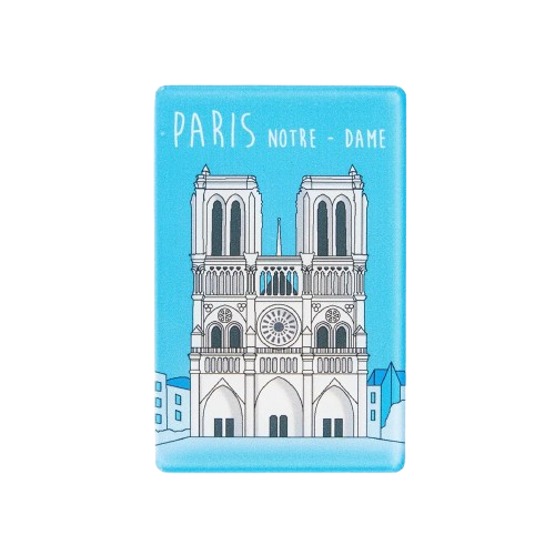 A magnet from Les Parisettes depicting an illustration of Notre-Dame in light blue and white.