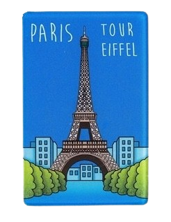 A magnet from Les Parisettes depicting a bold-colored illustration of the Eiffel Tower framed by a river.