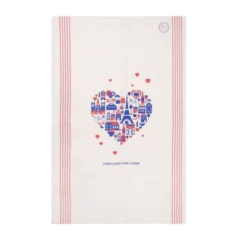 A "Parisian Heart" tea towel from Les Parisettes. The front of the tea towel depicts a variety of Parisian landmarks in cartoon style, placed together to form a blue and red heart.
