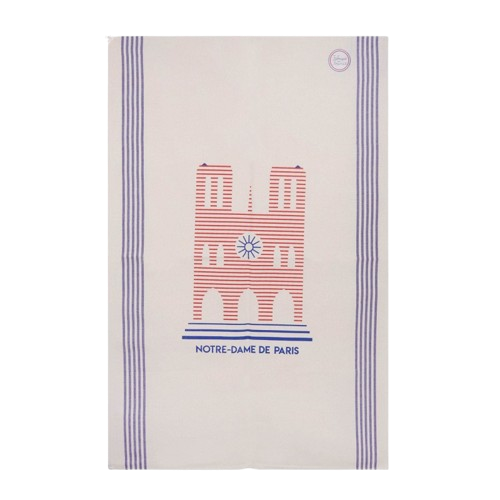 A tea towel from Les Parisettes featuring an abstract drawing of Notre-Dame made out of horizontal red lines.