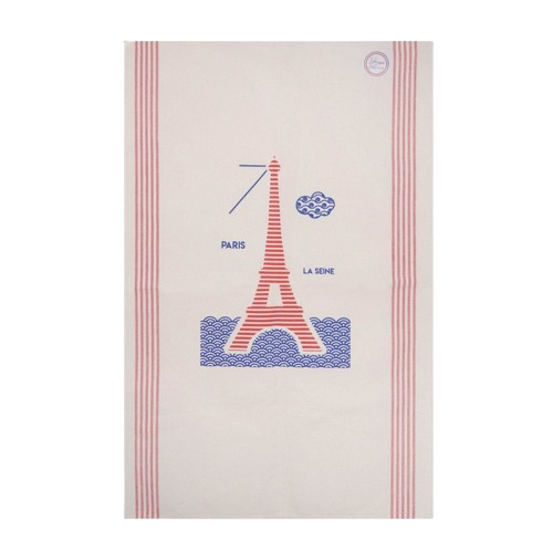 An "Eiffel Tower" tea towel from Les Parisettes, featuring an abstract drawing of the Eiffel Tower in red horizontal stripes. In the background are blue swirls evocative of a sky and river, labeled "Paris" and "La Seine."